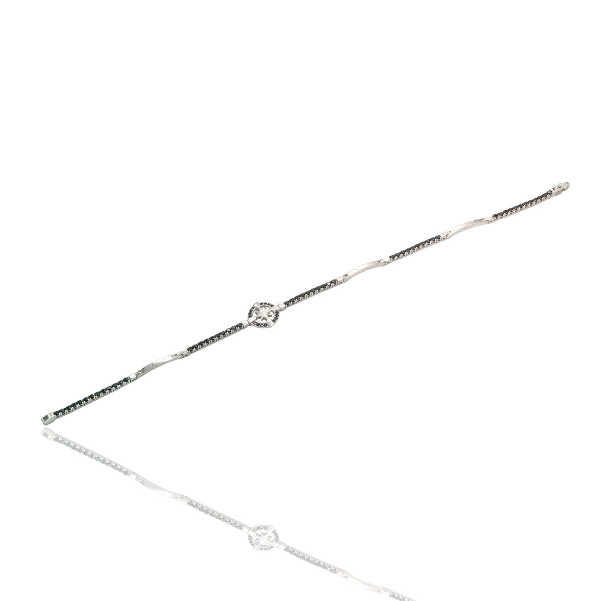 Bracciale Oro Bianco Oro 18 carati Tennis Con rosa dei venti Zirconi Neri cm. 20