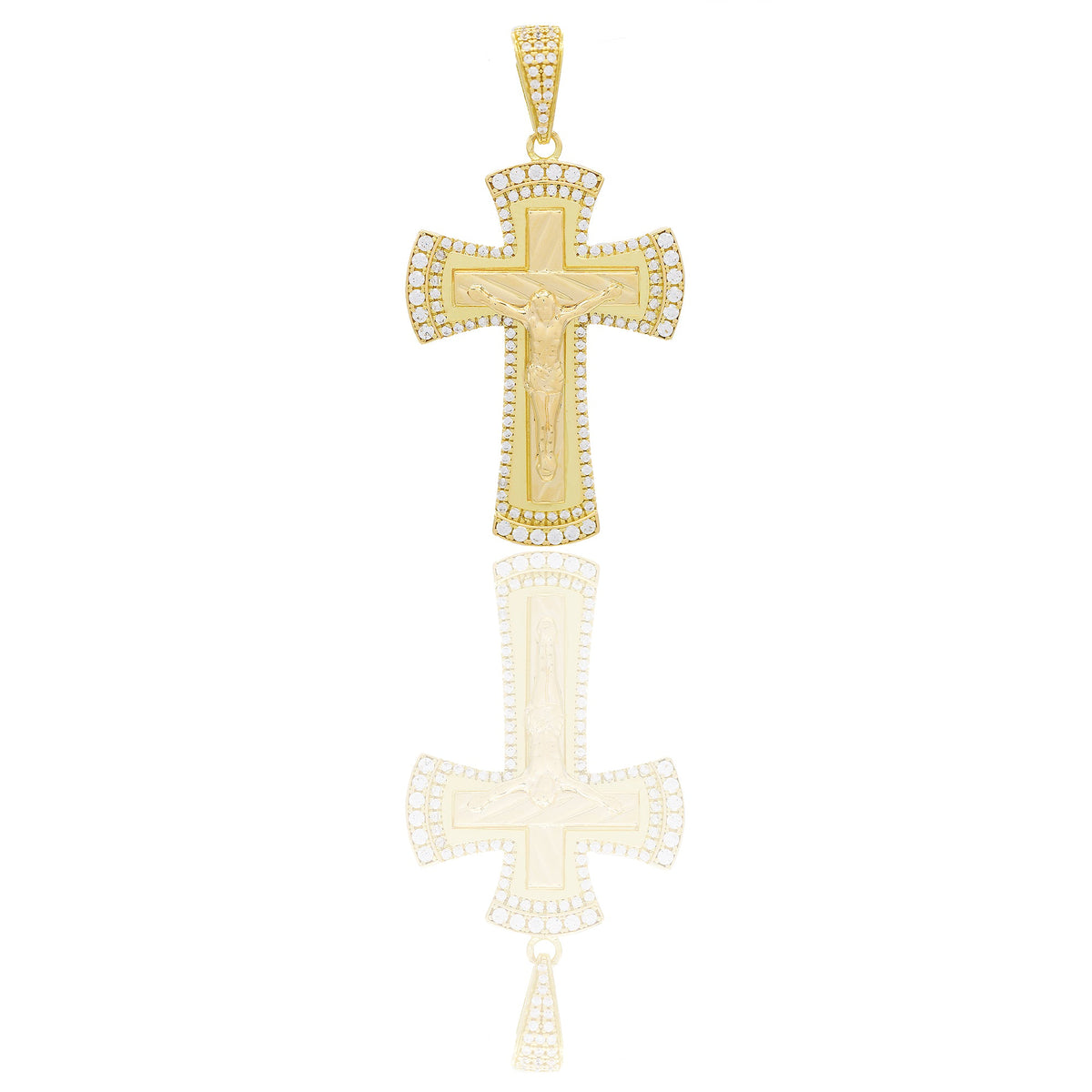 Ciondoli Oro Giallo Oro 18 carati Croce con Cristo rigata contorno pavè Zirconi Bianchi 5,8cm x 3,1cm