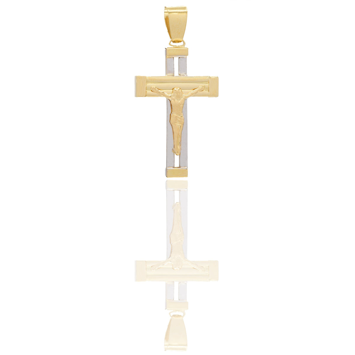 Ciondoli Oro Giallo Oro Bianco Oro 18 carati Croce con Cristo traforata rigata Solo oro 3.9 cm x 1,9cm
