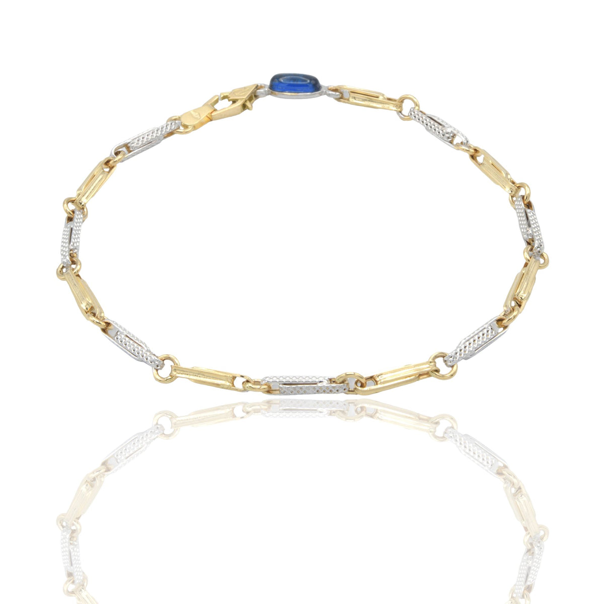 Bracciale Oro Giallo Oro Bianco Oro 18 carati Catena Puntinata pietra blu cm. 21,5