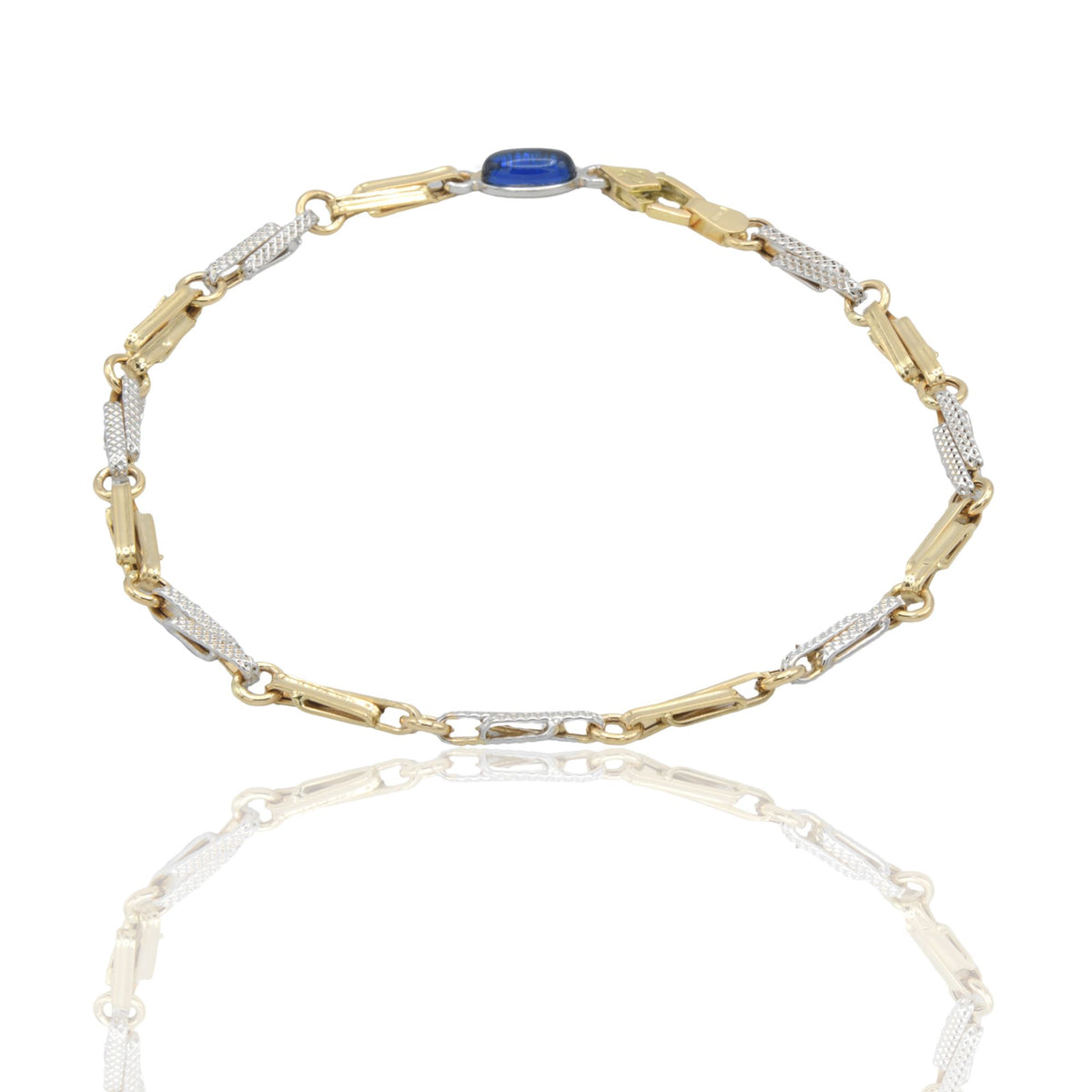 Bracciale Oro Giallo Oro Bianco Oro 18 carati Catena Schiacciata pietra blu cm. 21,5