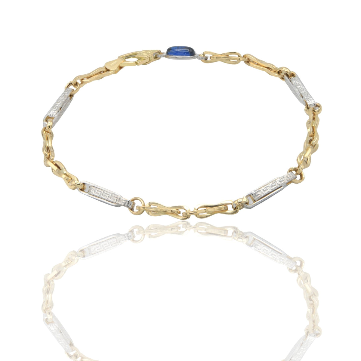 Bracciale Oro Giallo Oro Bianco Oro 18 carati Catena alternata con Greca pietra blu cm. 21,5