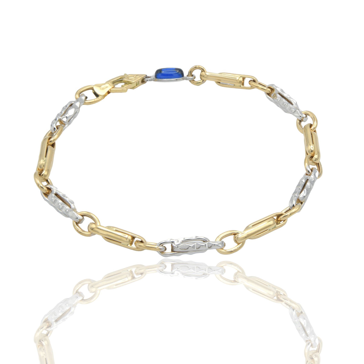 Bracciale Oro Giallo Oro Bianco Oro 18 carati Catena alternata pietra blu cm. 21,5