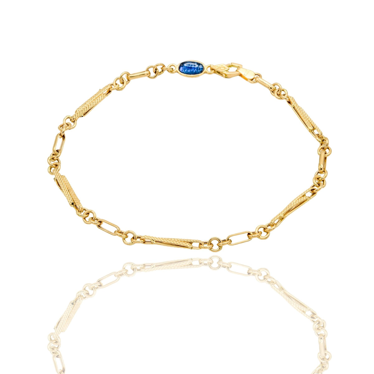 Bracciale Oro Giallo Oro 18 carati Catena Maglia Schiacciata pietra blu cm. 21,5