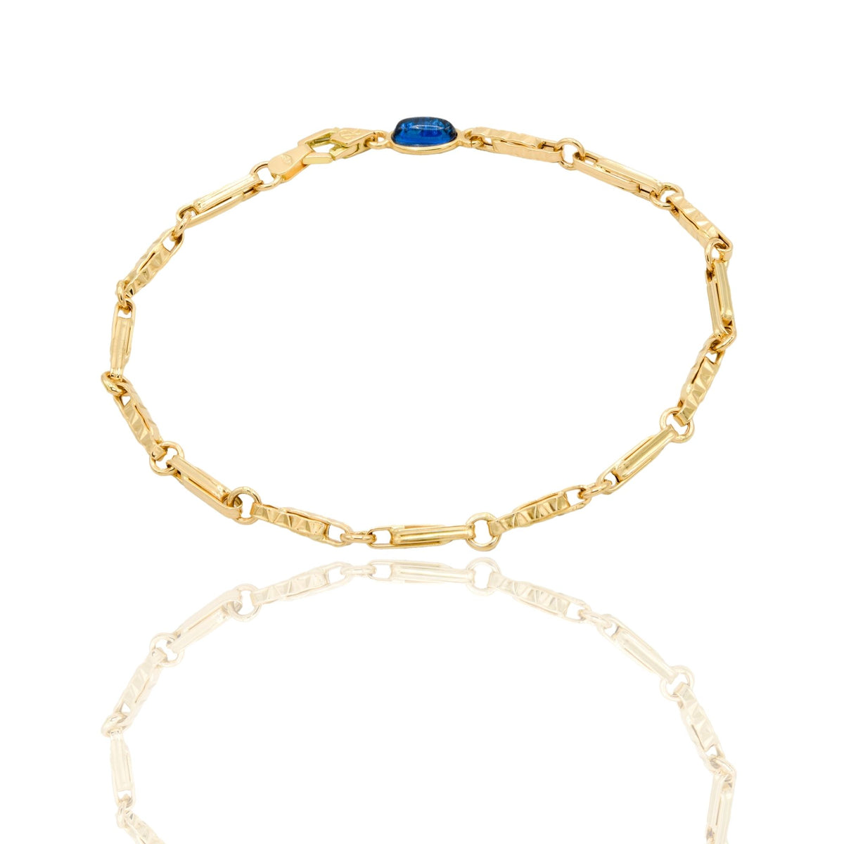 Bracciale Oro Giallo Oro 18 carati Catena Tubolare Rigata pietra blu cm. 21,5