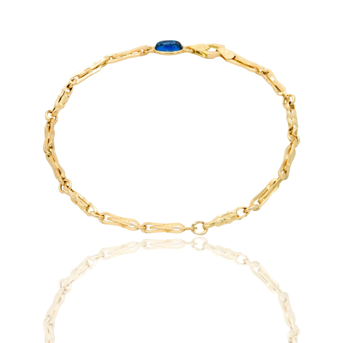 Bracciale Oro Giallo Oro 18 carati Catena 2 Fiocchi E Maglia Rigata pietra blu cm. 21,5
