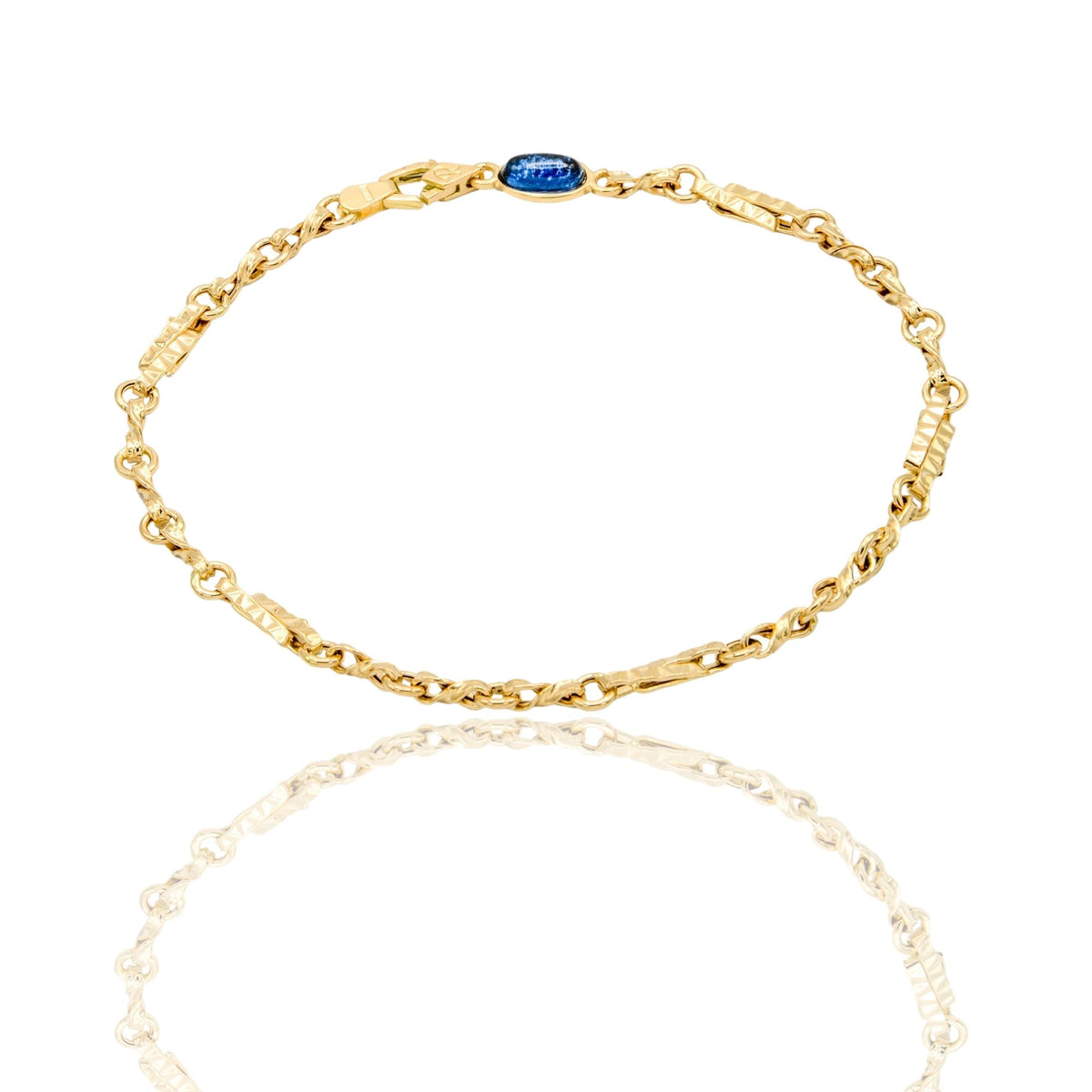 Bracciale Oro Giallo Oro 18 carati Catena Maglia Schiacciata pietra blu cm. 21,5