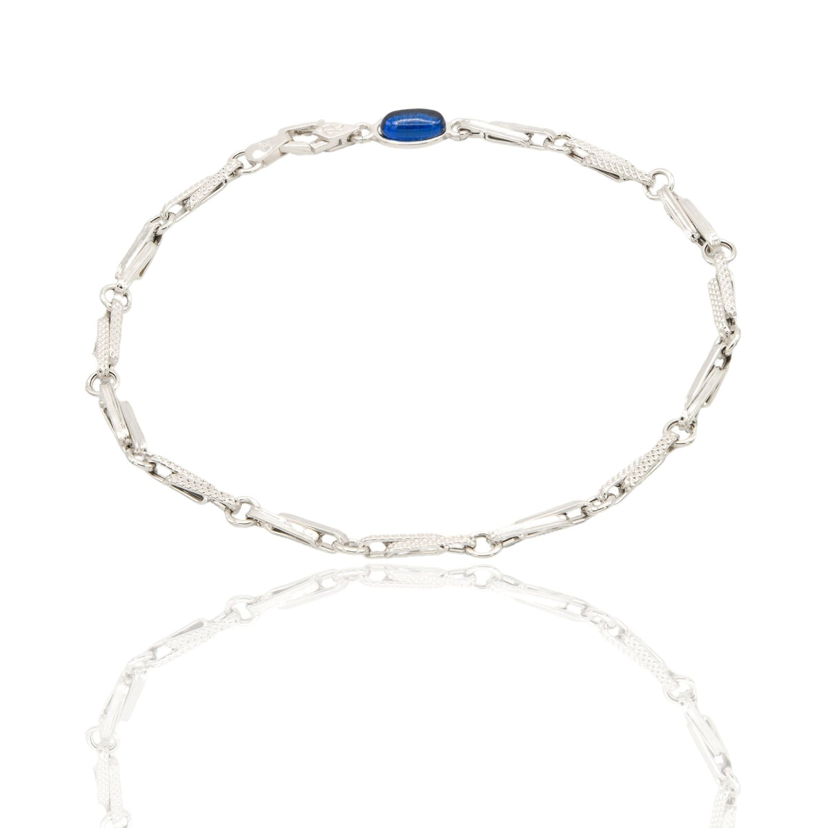 Bracciale Oro Bianco Oro 18 carati Catena Schiacciata Maglia Puntinata pietra blu cm. 21,5