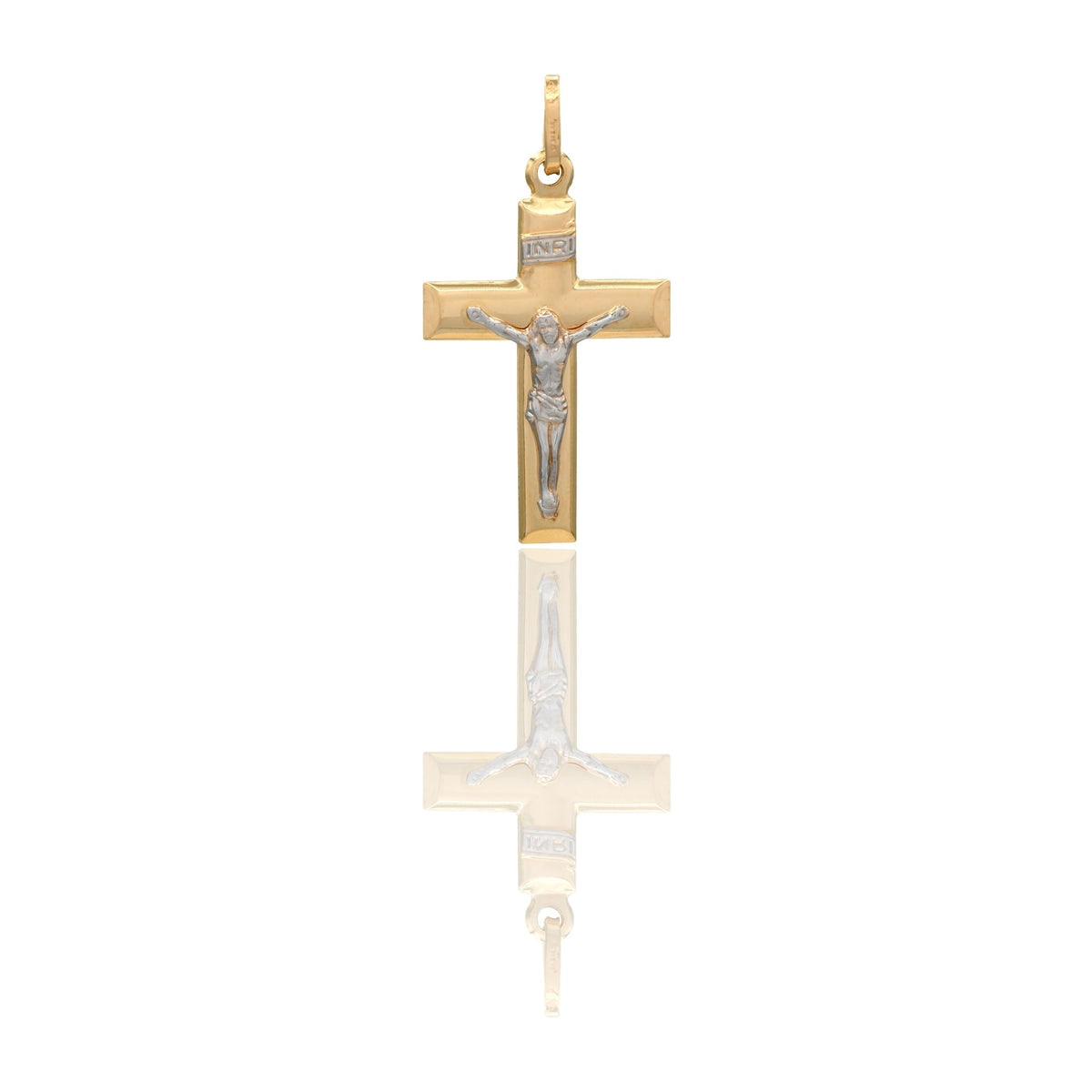 Ciondolo Oro Giallo Oro Bianco Oro 18 carati Croce Piatta Cristo 3D Inri Solo Oro