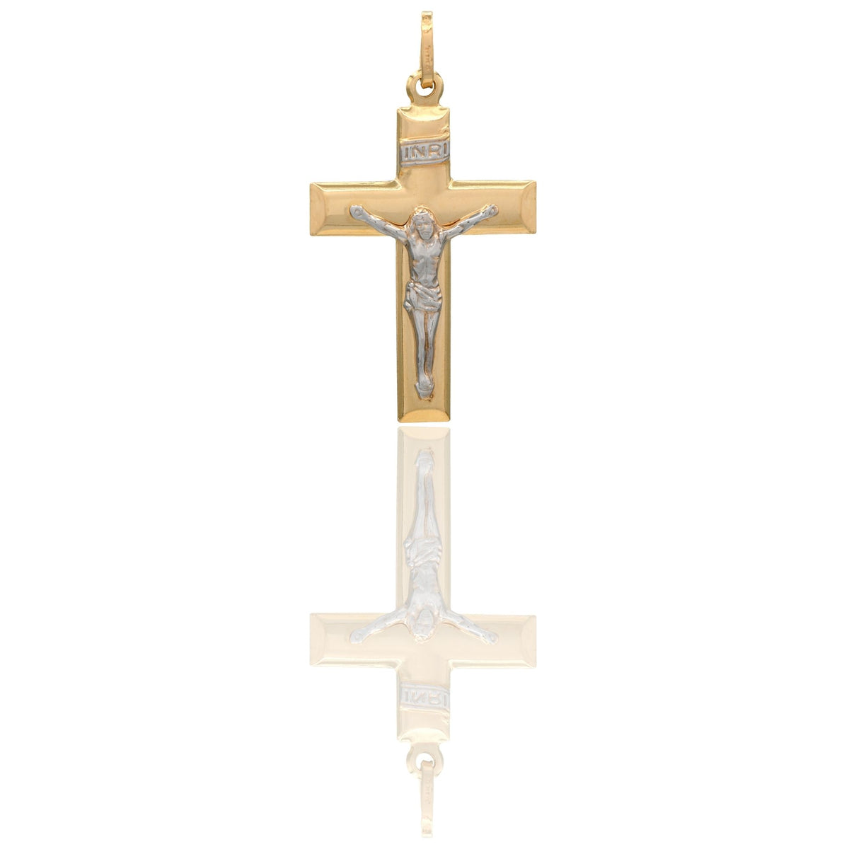 Ciondolo Oro Giallo Oro Bianco Oro 18 carati Croce Piatta Cristo 3D Inri Solo Oro cm.3,2x1,7