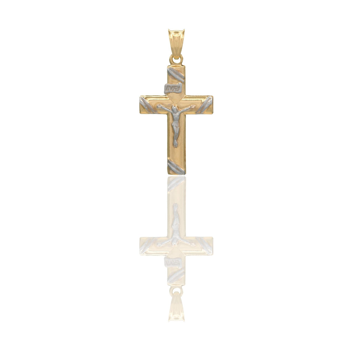 Ciondolo Oro Giallo Oro Bianco Oro 18 carati Croce Piatta Cristo 3D Inri Solo Oro cm.3,5x1,8