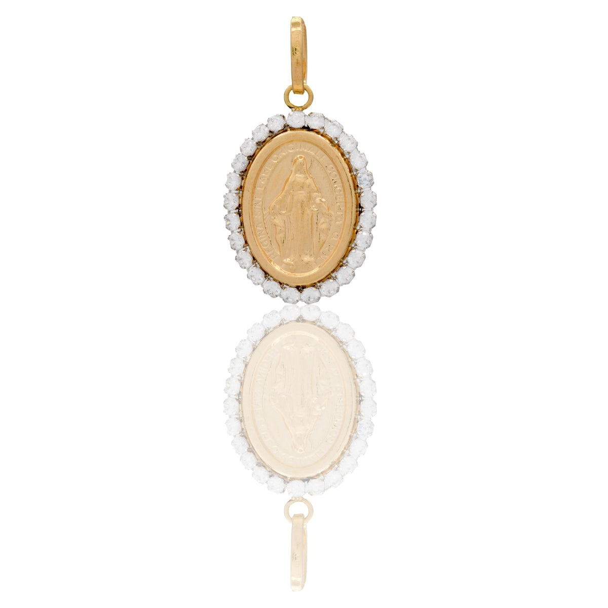 Ciondolo Oro Giallo Oro 18 carati Madonna Miracolosa Con Contorno Zirconi Bianchi cm.2,3