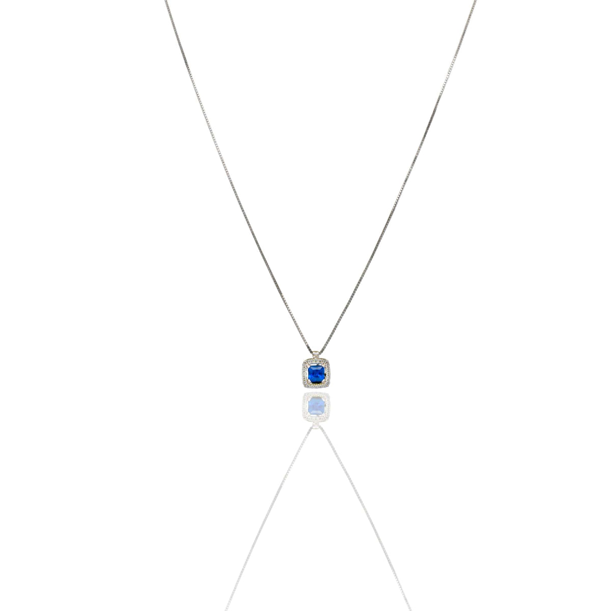 Collana Oro Bianco Oro 18 carati Quadrato Centro E Contorno Pavè Zirconi bianchi, Zircone Blu