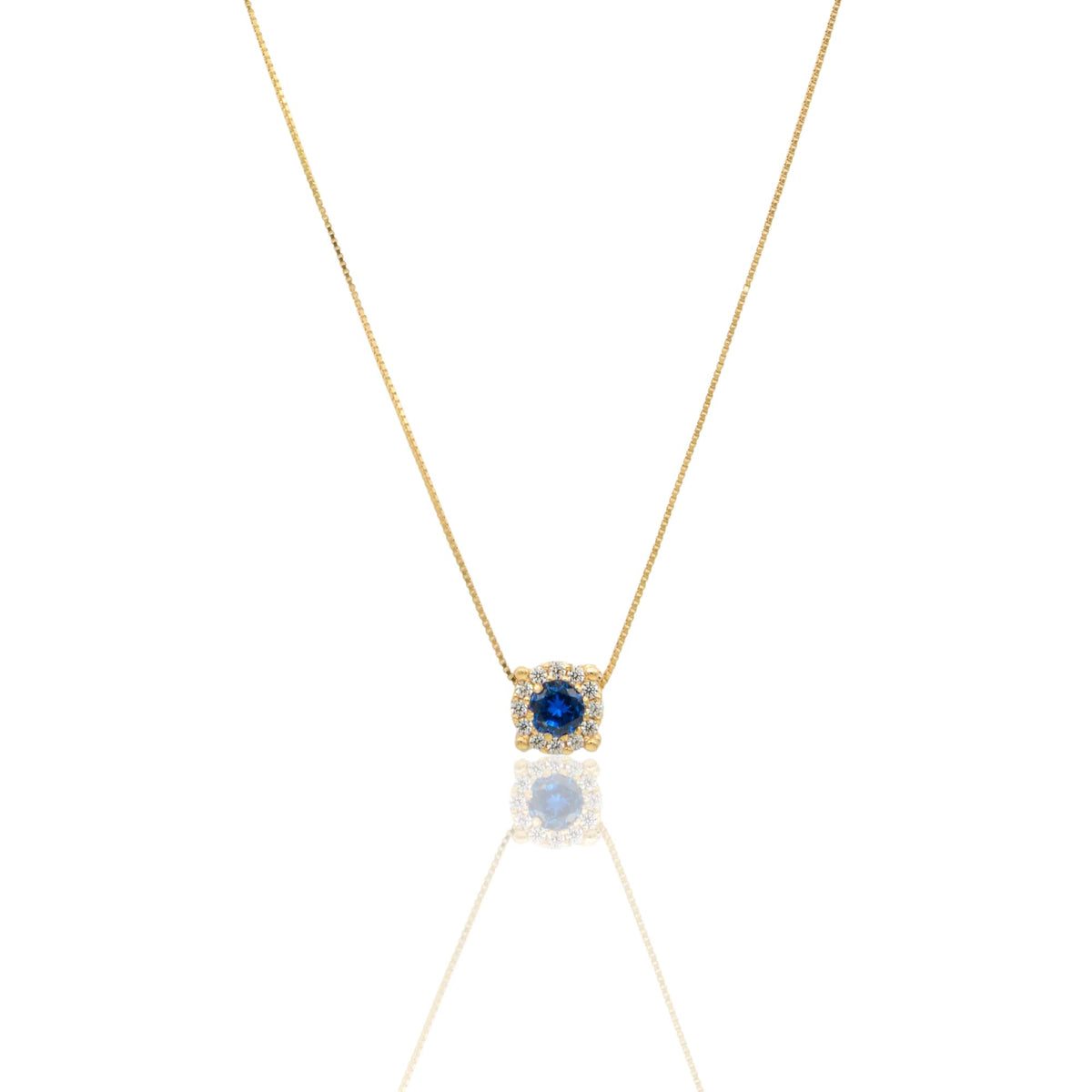 Collana Oro Giallo Oro 18 carati Quadrato Centro E Contorno Zircone Blu, Pavè Zirconi bianchi