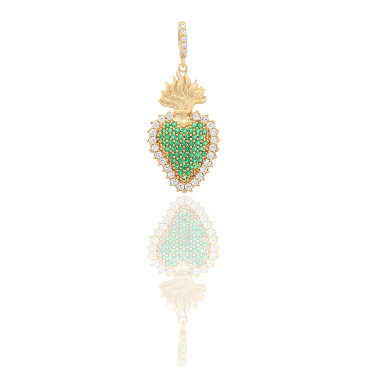 Ciondolo Oro Giallo Oro 18 carati Cuore Sacro Pave' Zirconi Bianchi, Zirconi Verdi cm.3,4