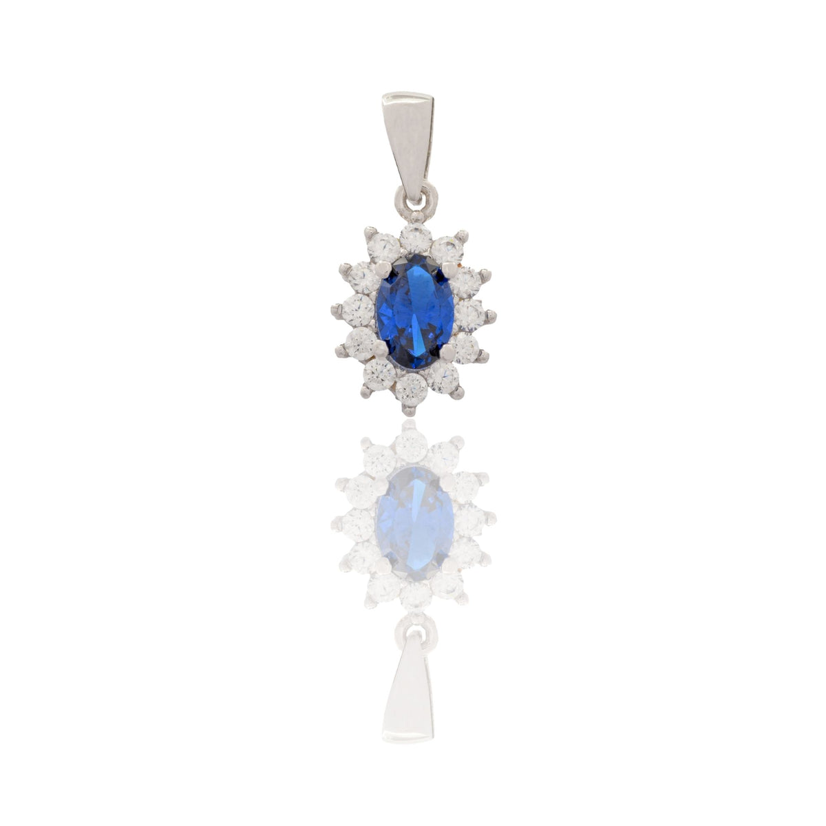 Ciondolo Oro Bianco Oro 18 carati Modello Kate Centro E Contorno Zirconi Bianchi, Zircone Blu cm.1,5