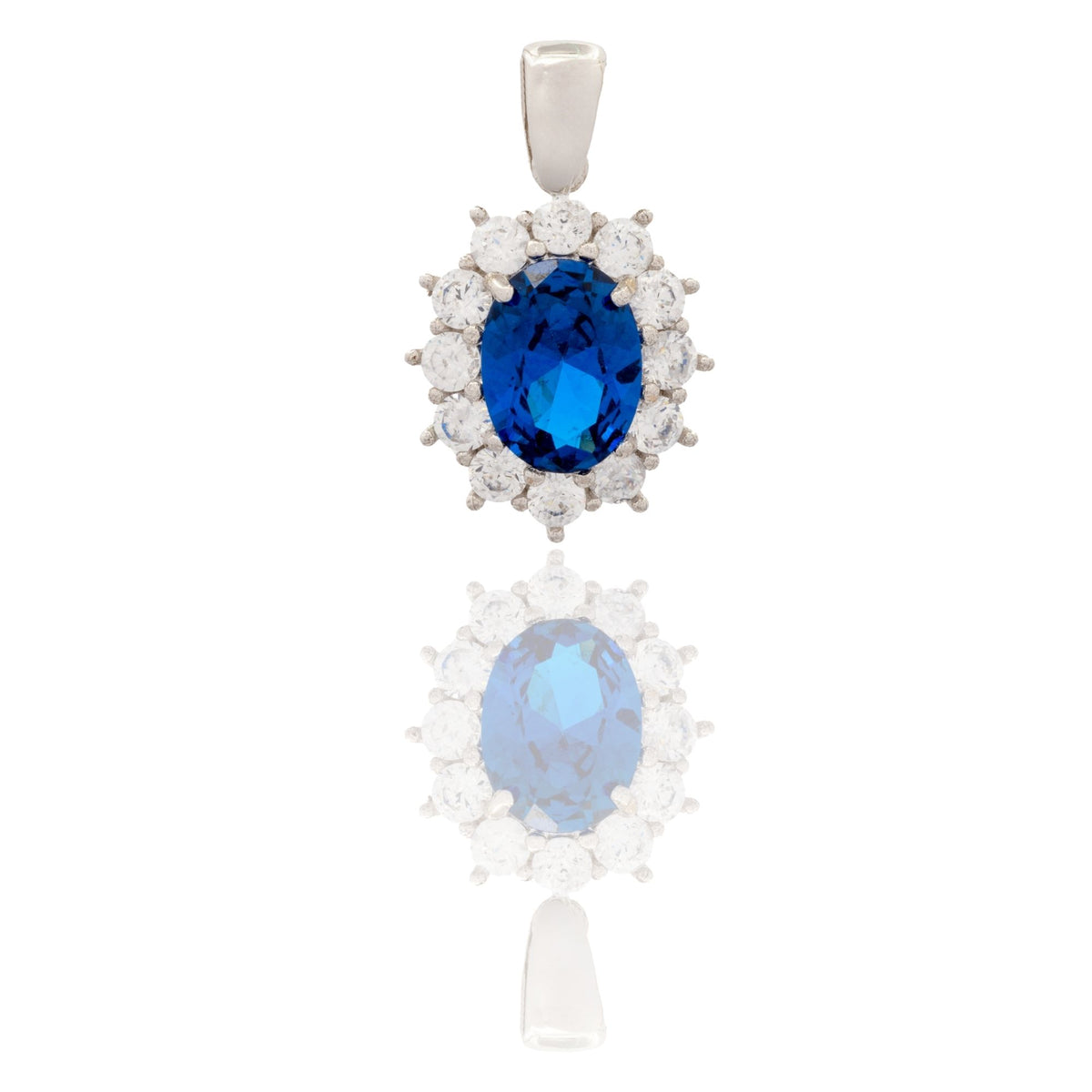 Ciondolo Oro Bianco Oro 18 carati Modello Kate Centro E Contorno Zirconi Bianchi, Zircone Blu cm.1,7
