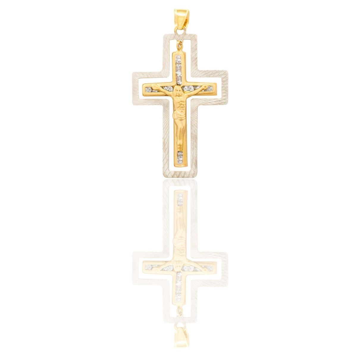Ciondolo Oro Giallo Oro Bianco Oro 18 carati Croce Con Cristo Zirconi Bianchi