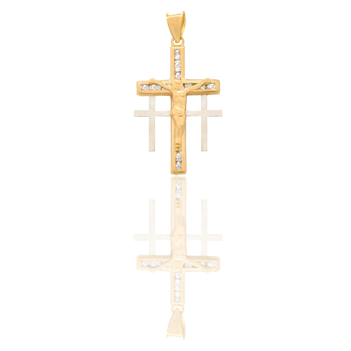 Ciondolo Oro Giallo Oro Bianco Oro 18 carati Croce Con Cristo Zirconi Bianchi cm.3,2 x 1,7