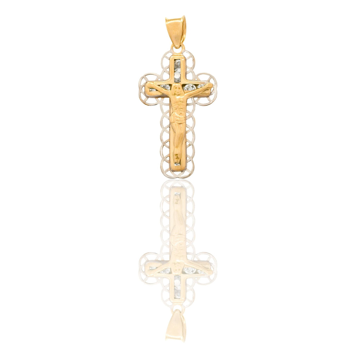 Ciondolo Oro Giallo Oro Bianco Oro 18 carati Croce Con Cristo Contorno Merletto Zirconi Bianchi