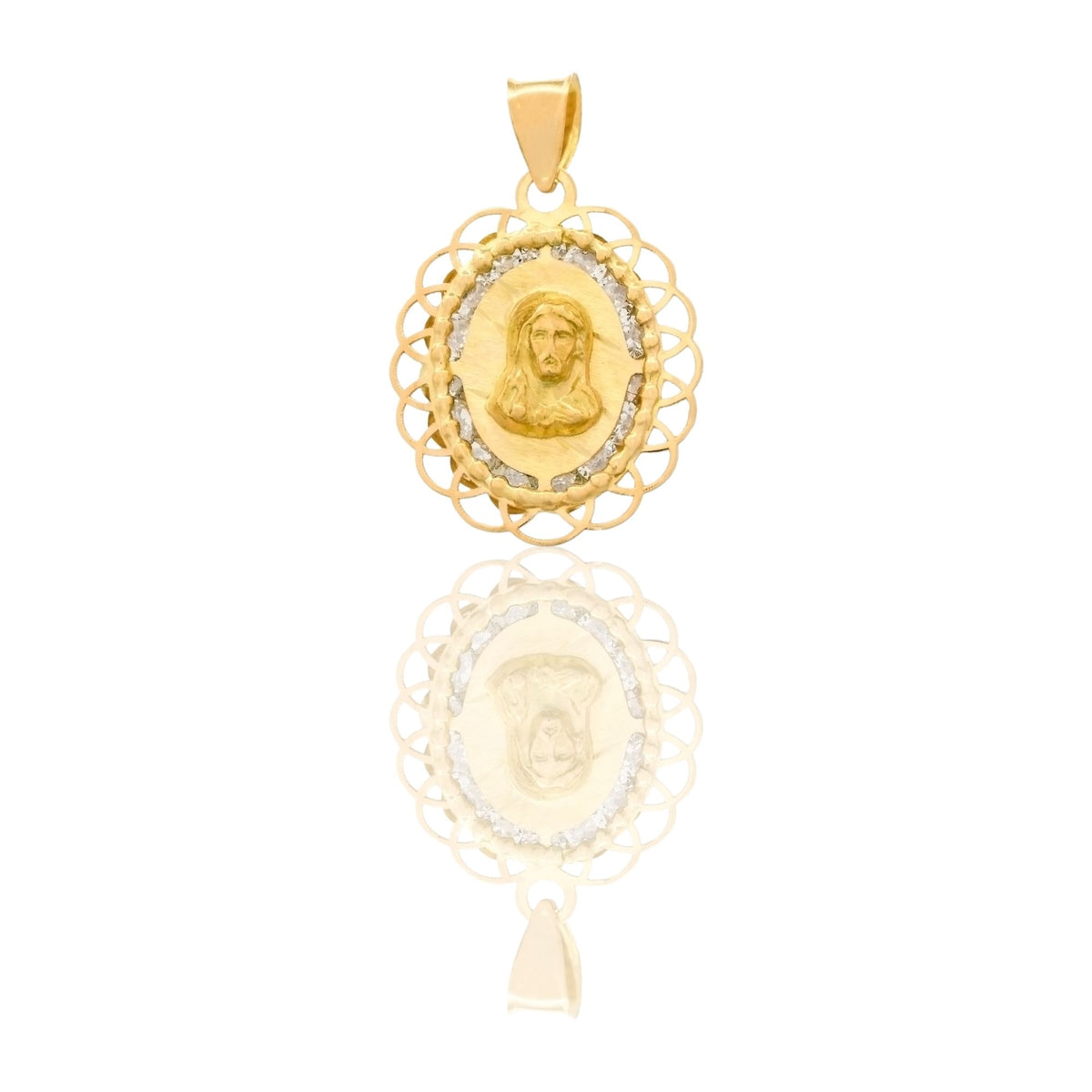 Ciondolo Oro Giallo Oro 18 carati Cristo Contorno Merlettato Zirconi Bianchi cm.2,4