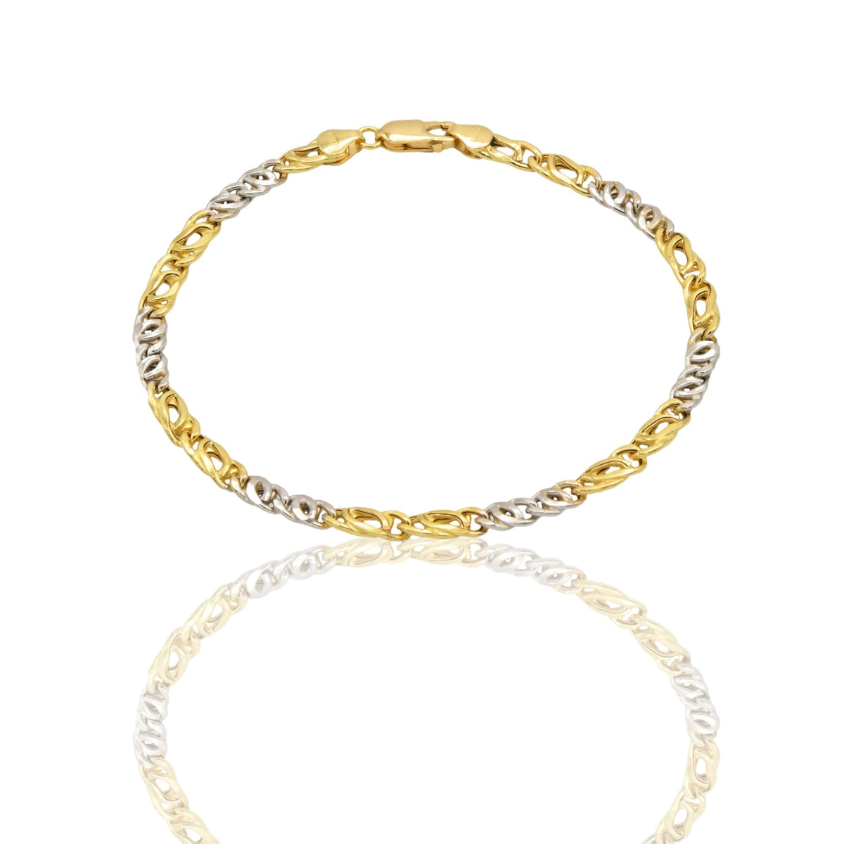 Bracciale Oro Giallo, Oro Bianco Oro 18 carati Catena Maglie Intrecciate Alternate Solo Oro cm. 21,5