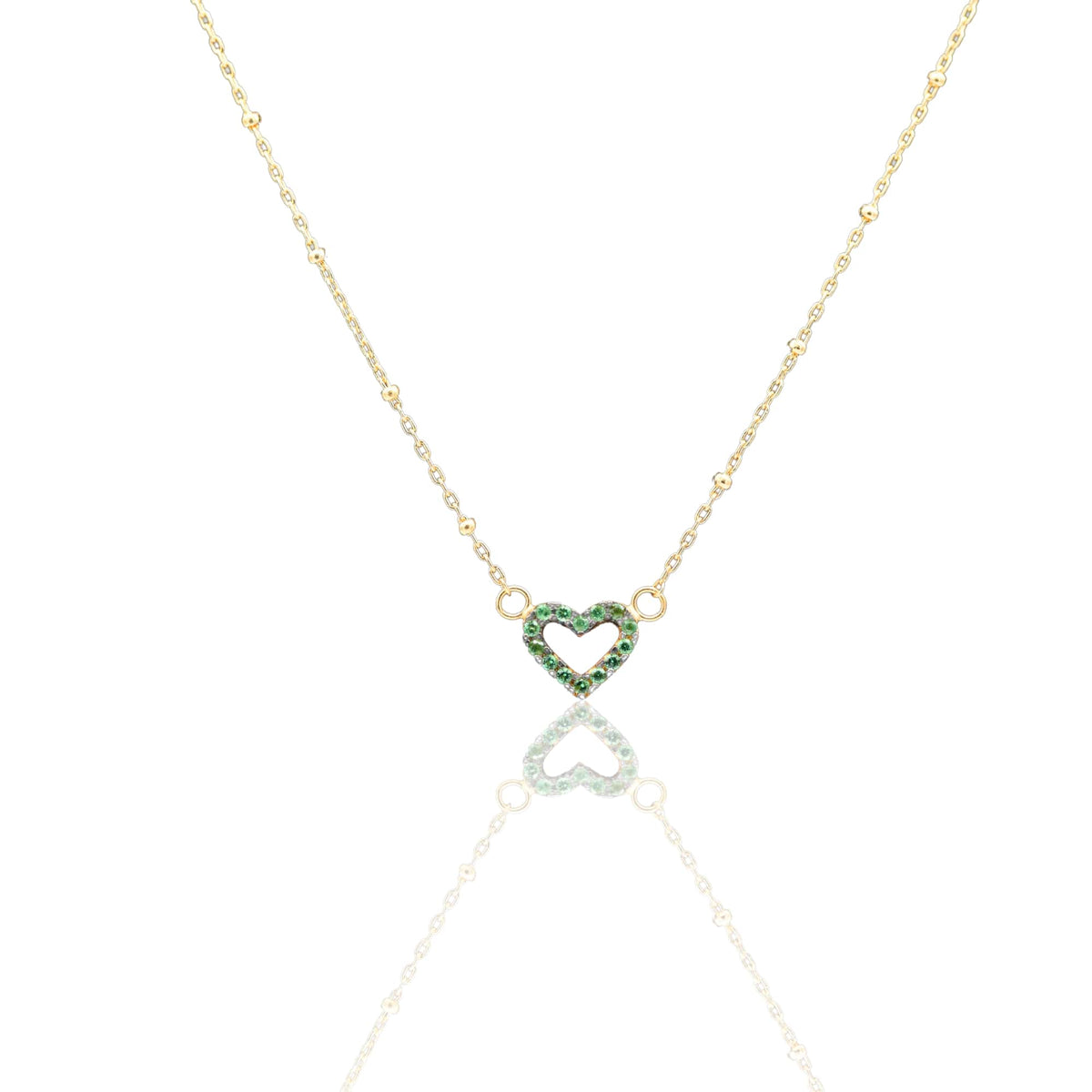 Collana Oro Giallo Oro 18 carati Catenina Pallinata Sagoma Cuore Pave' Zirconi Verdi cm.43