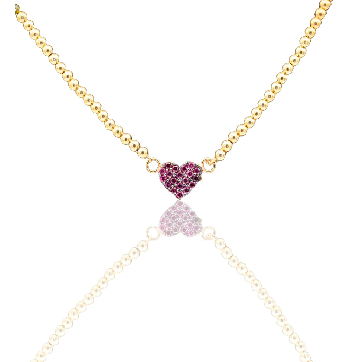 Collana Oro Giallo Oro 18 carati Catenina Pallinata Cuore Pave' Zirconi Rossi cm.43