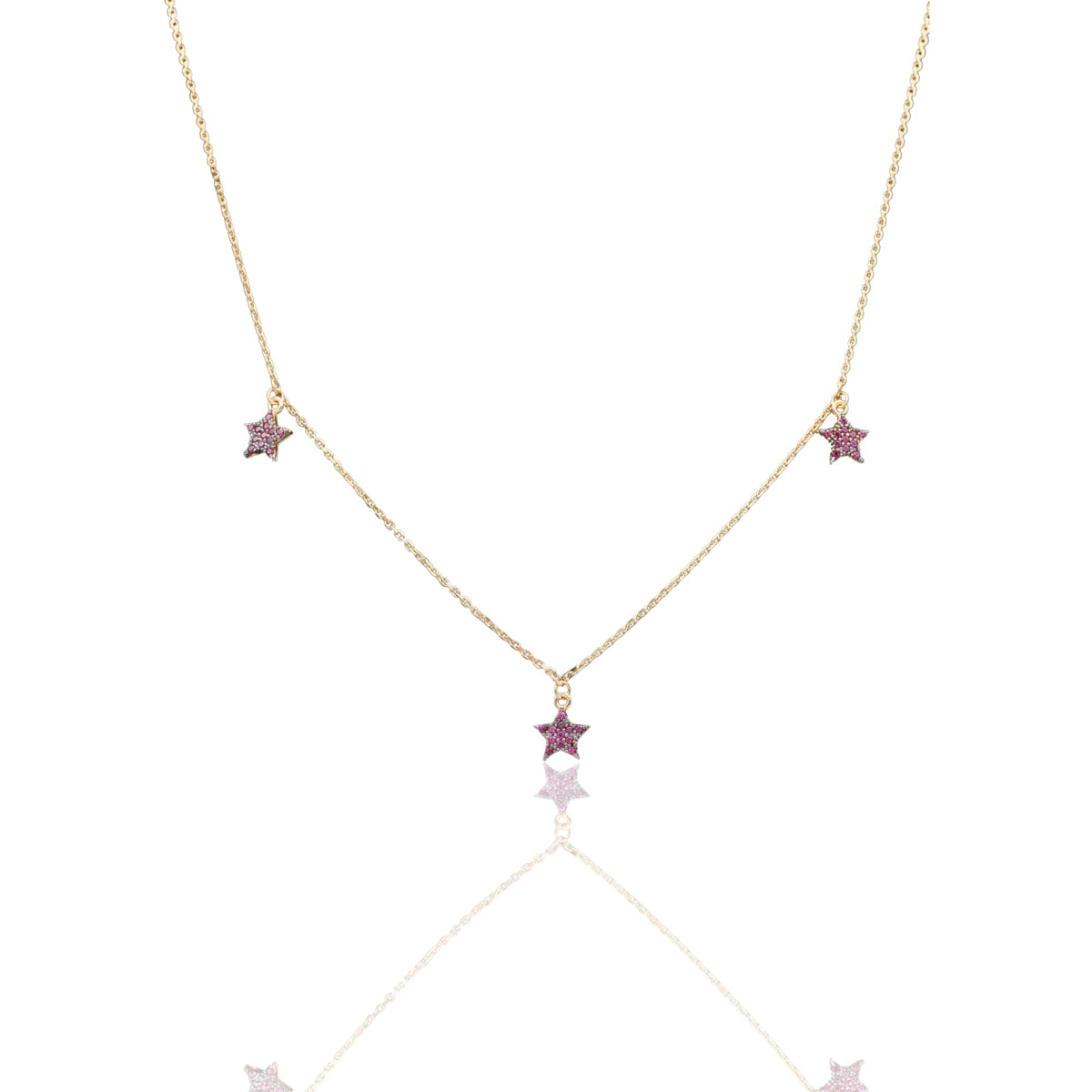 Collana Oro Giallo Oro 18 carati Catenina Rolò Stelle pendenti pavè Zirconi Rossi cm.43