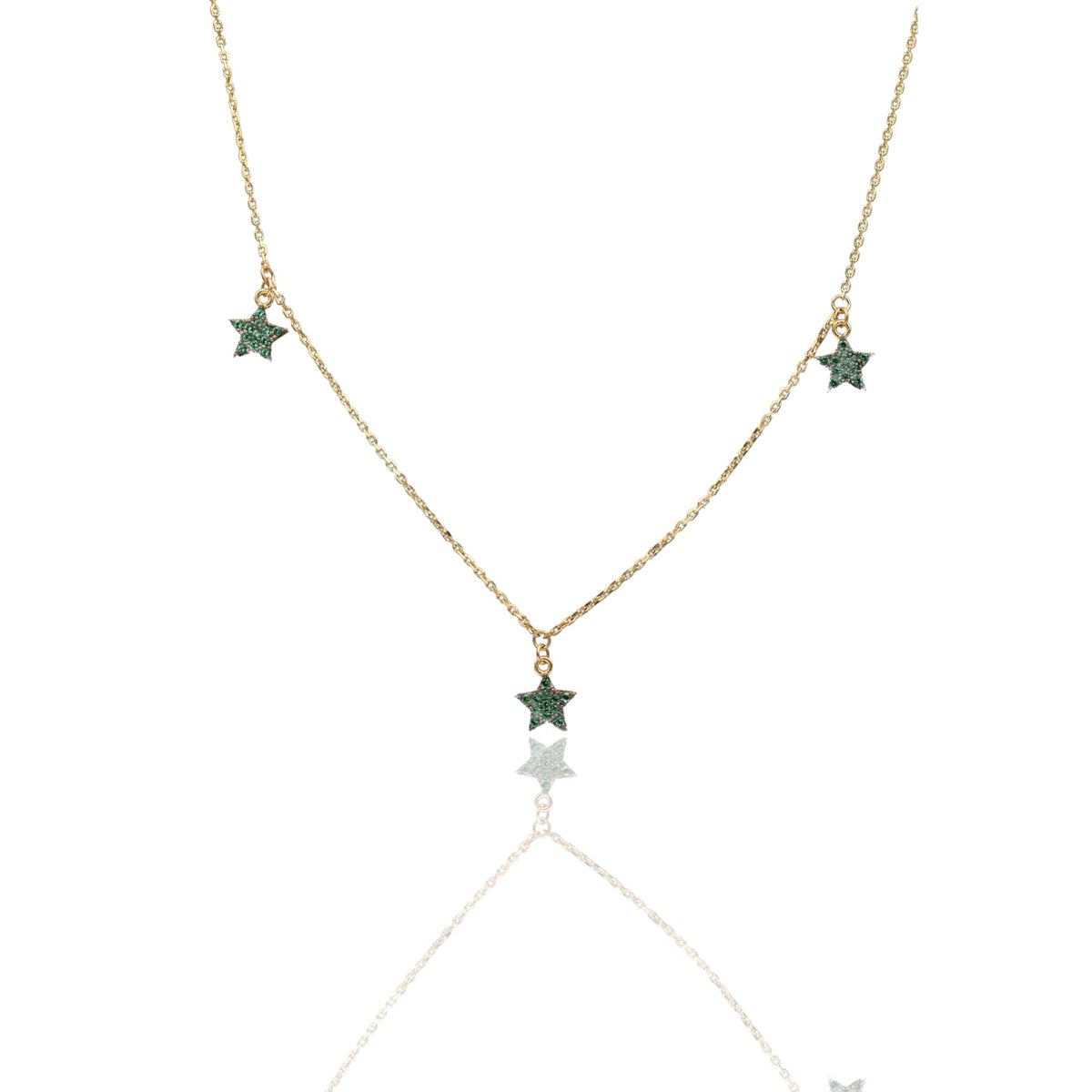 Collana Oro Giallo Oro 18 carati Catenina Rolò Stelle pendenti pavè Zirconi Verdi cm.43