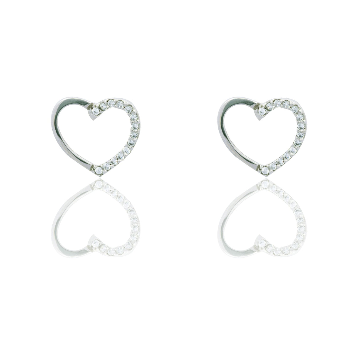 Orecchini Oro Bianco Oro 18 carati Contorno cuore metà lucido metà pavè Zirconi Bianchi cm. 1,5