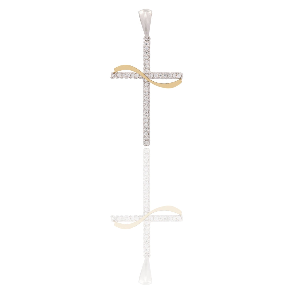 Ciondolo Oro Giallo, Oro Bianco Oro 18 carati Croce Dritta Con Filo Ondulato Zirconi Bianchi cm.3,5 x 2