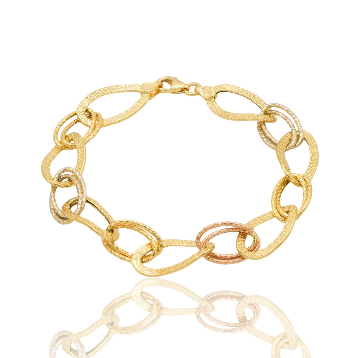 Bracciale Oro Giallo, Oro Bianco, Oro Rosa Oro 18 carati Ovali Alternati Greca E Diamantati Solo Oro