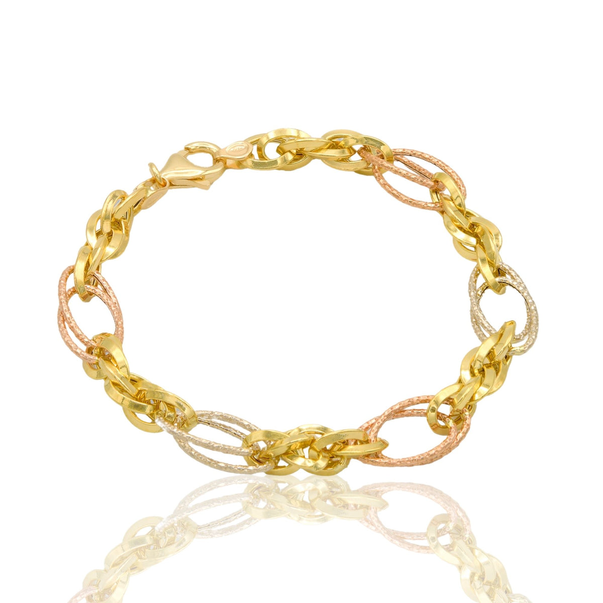 Bracciale Oro Giallo, Oro Bianco, Oro Rosa Oro 18 carati Maglia Liscia Intrecciata Doppi Ovali Satinati Solo Oro