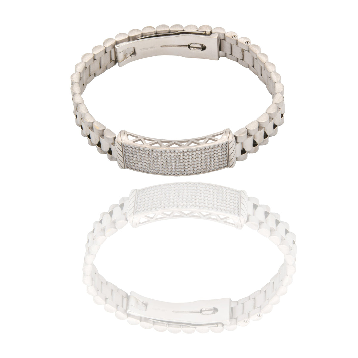 Bracciali Oro Bianco Oro 18 carati Maglia president con targa pave Zirconi Bianchi spessore 12mm
