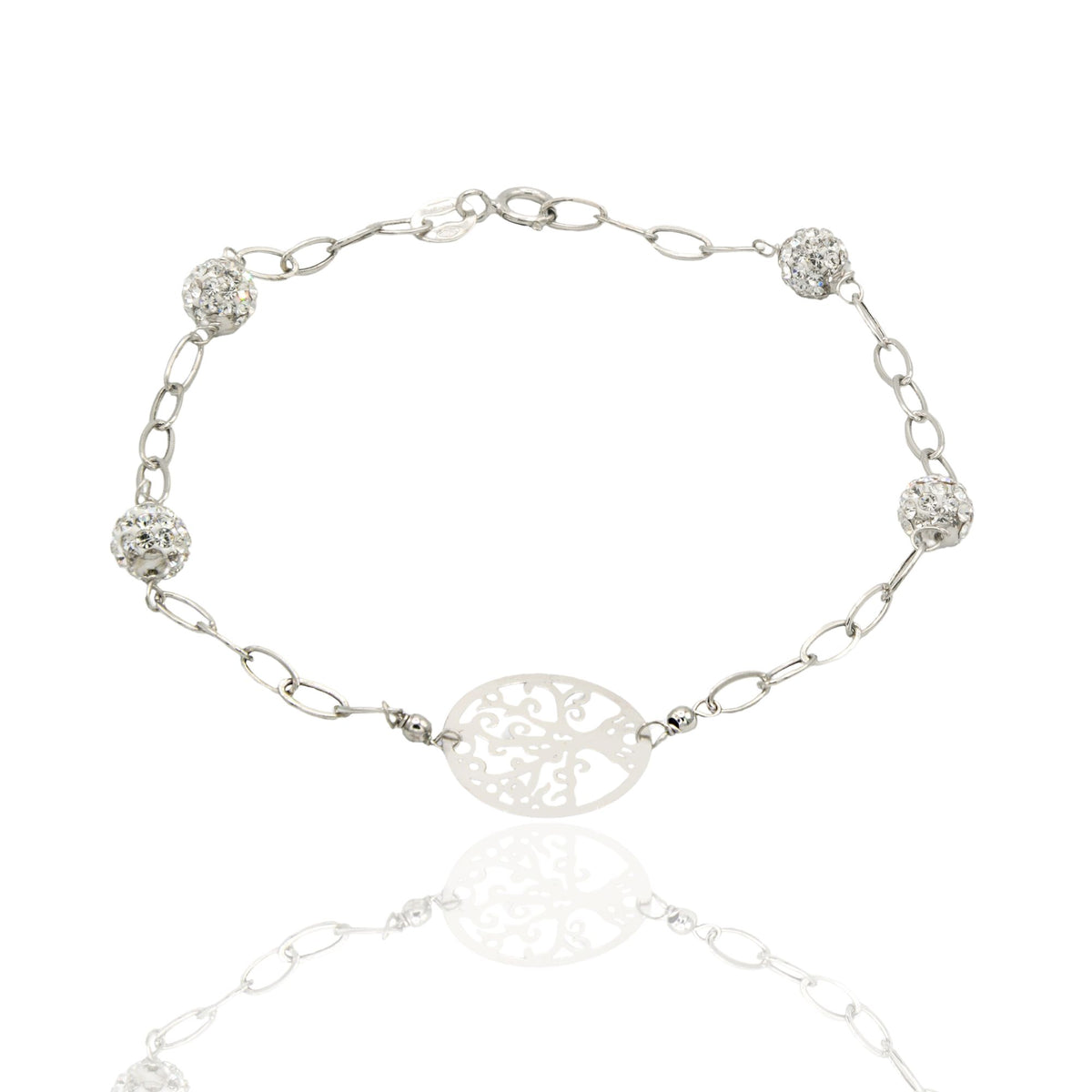 Bracciale Oro Bianco Oro 18 carati Maglia Morbida Con Albero Della Vita E Sfere Zirconi Bianchi cm 19