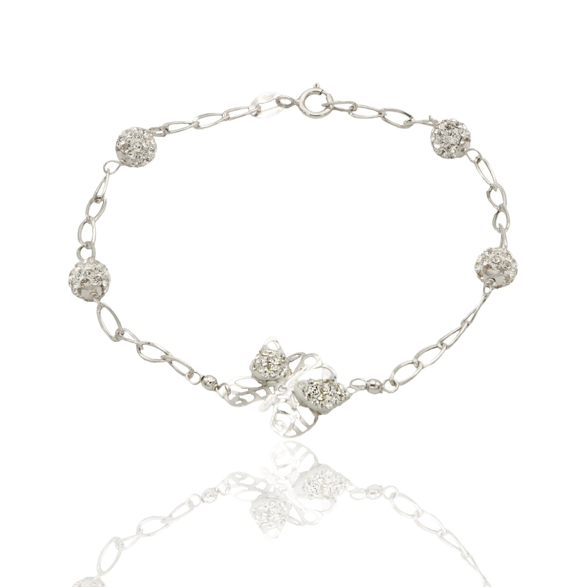 Bracciale Oro Bianco Oro 18 carati Maglia Morbida Con Farfalla E Sfere Zirconi Bianchi cm 18