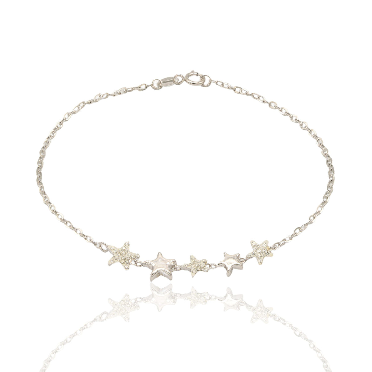 Bracciale Oro Bianco Oro 18 carati Catena Con Stelle Lucide E Zirconate Zirconi Bianchi cm 18.5