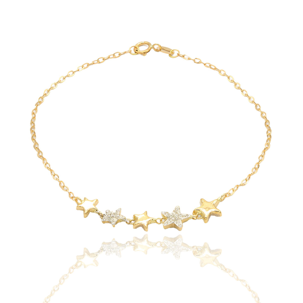 Bracciale Oro Giallo Oro 18 carati Catena Con Stelle Lucide E Zirconate Zirconi Bianchi