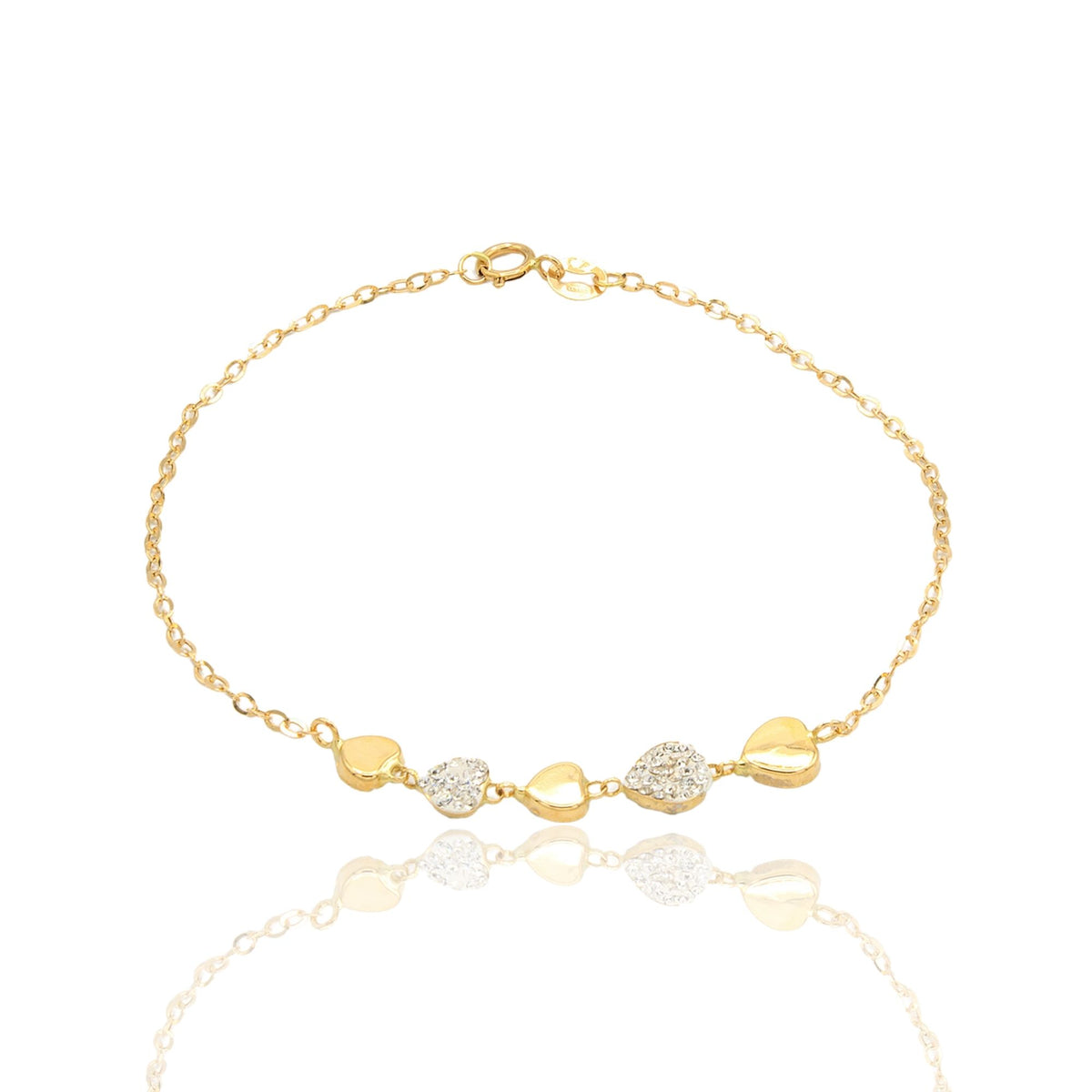Bracciale Oro Giallo Oro 18 carati Catena Con Cuori Lucidi E Zirconati Zirconi Bianchi cm 18.5