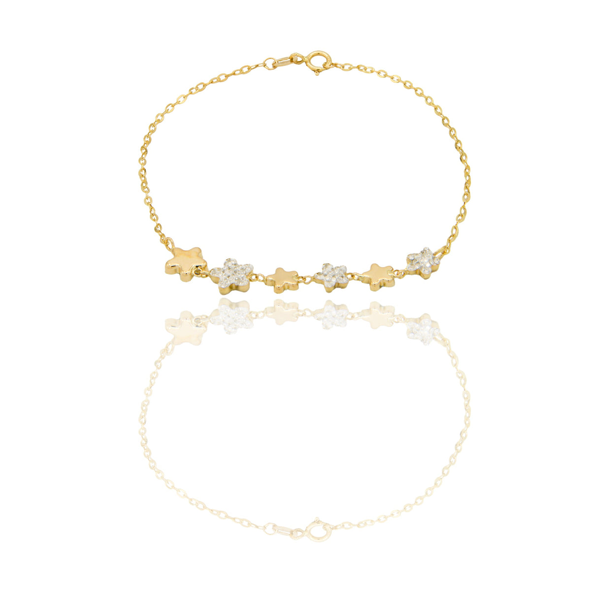 Bracciali Oro Giallo Catena vuota, Stampato Zirconi Bianchi cm.19