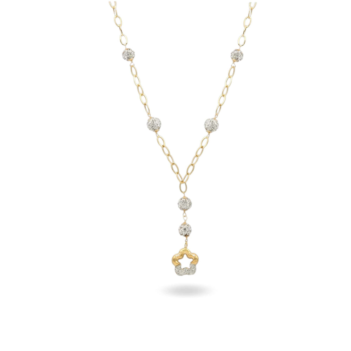 Collana Oro Giallo Oro 18 carati Fiore Traforato Pendente Zirconi Bianchi
