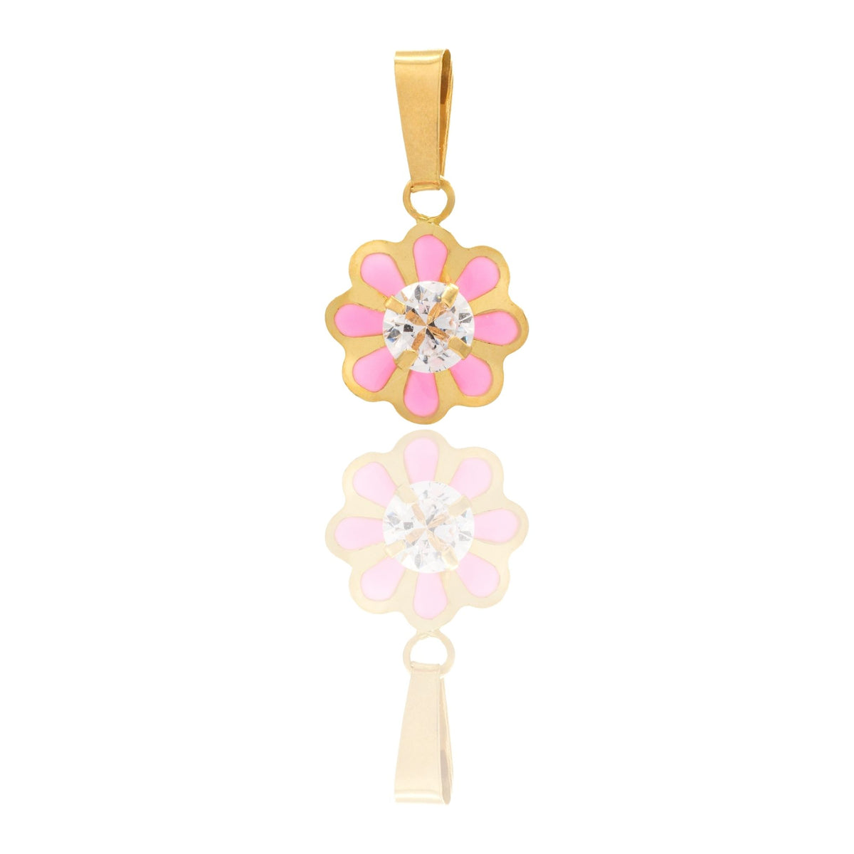 Ciondolo Oro Giallo Oro 18 carati Fiore Smaltato Con Pietra Centrale Smalto Rosa, Zircone Bianco cm.1,5