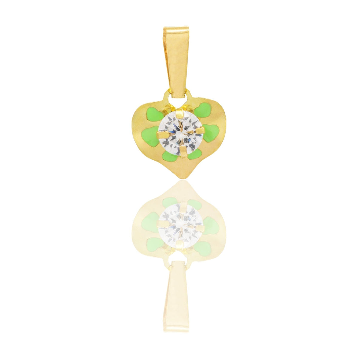 Ciondolo Oro Giallo Oro 18 carati Cuore Smaltato Con Pietra Centrale Zircone Bianco, Smalto verde cm.1,3