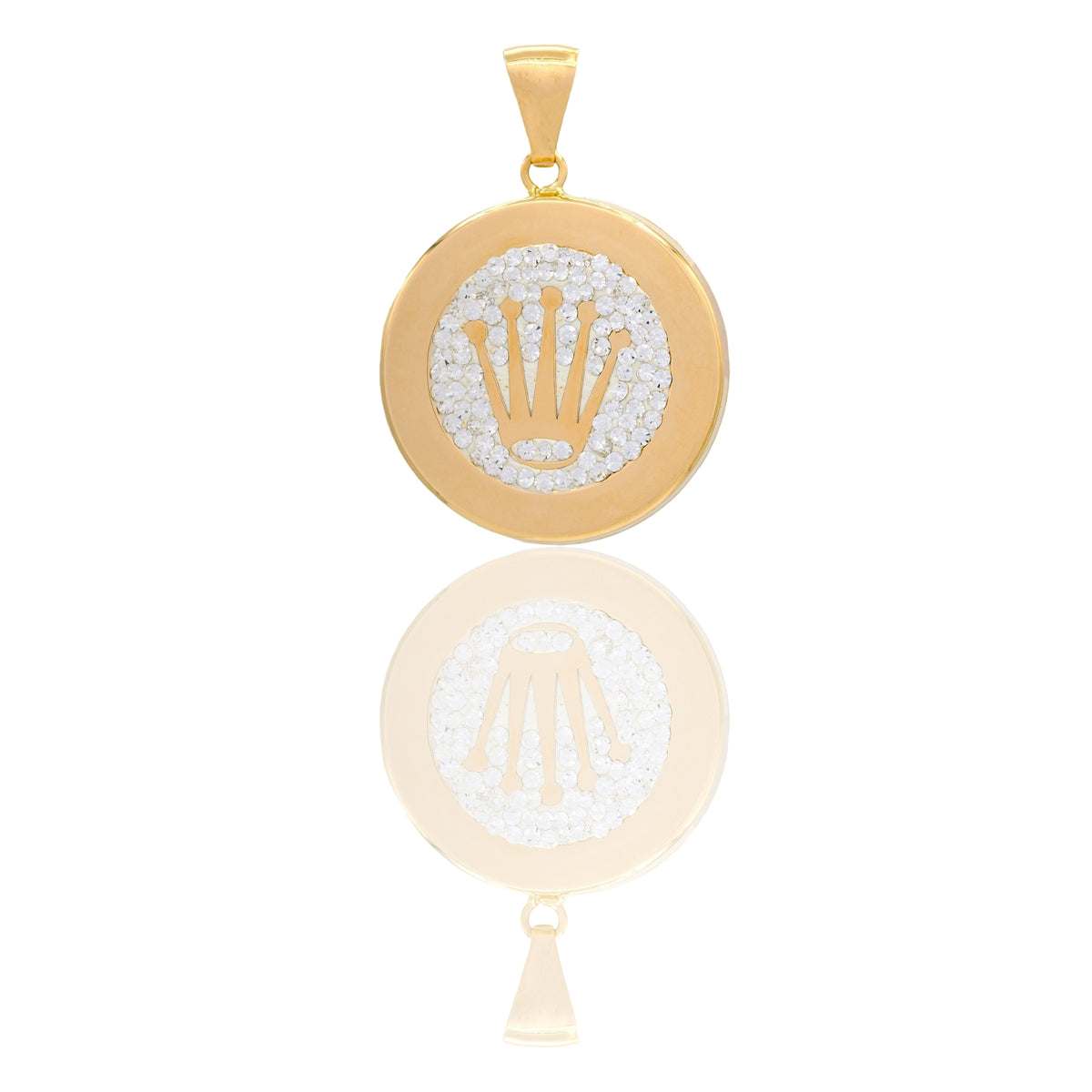 Ciondolo Oro Giallo Oro 18 carati Medaglia Tonda Con Corona Centrale Zirconi Bianchi cm.2.5