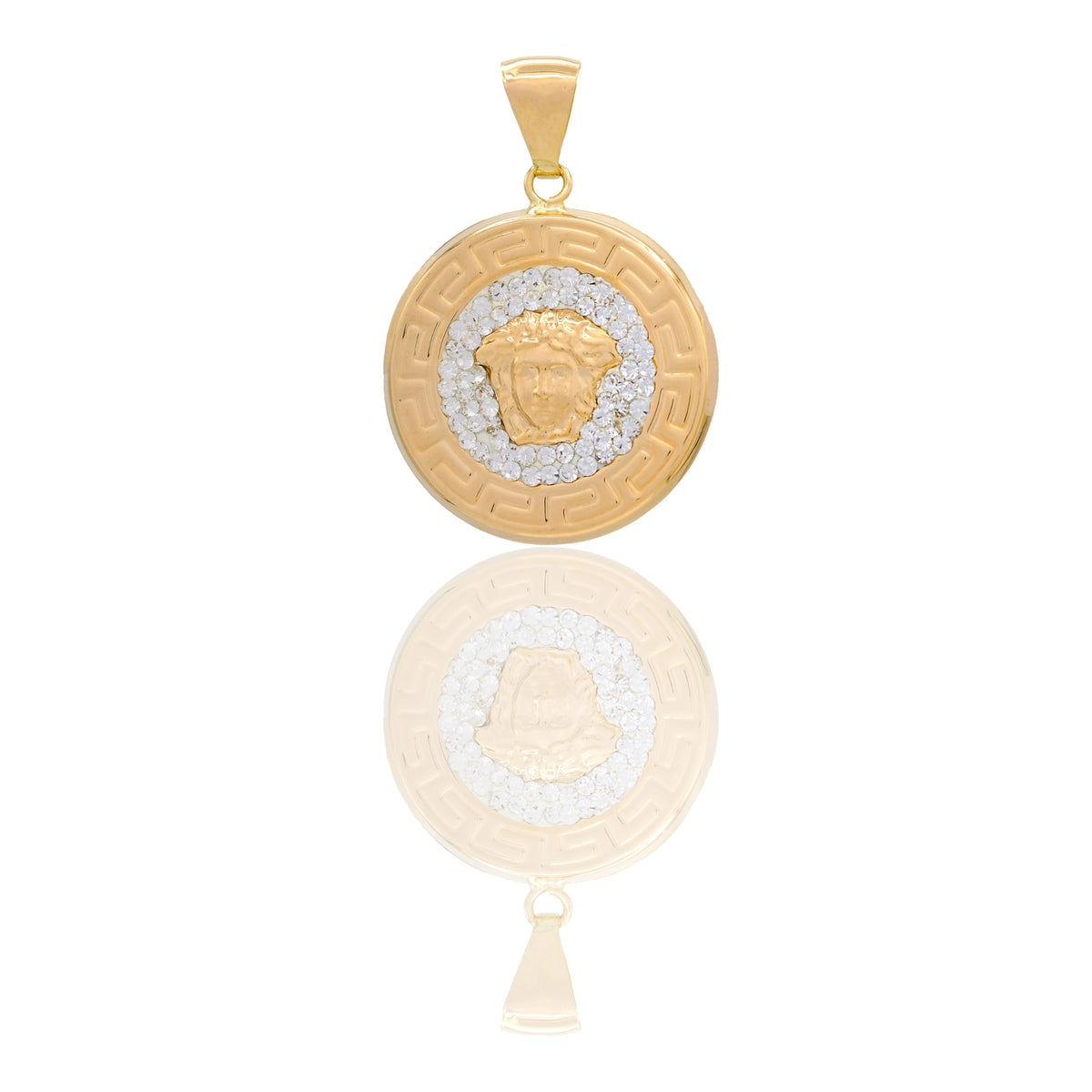 Ciondolo Oro Giallo Oro 18 carati Medaglia Tonda Con Medusa Centrale Zirconi Bianchi cm.2.5