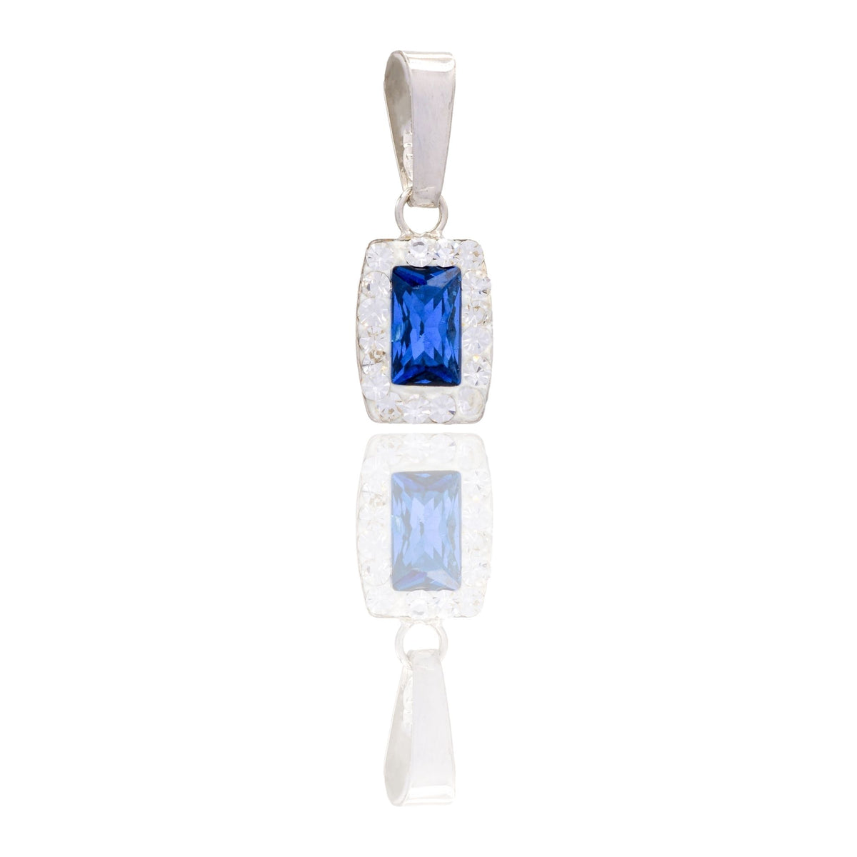 Ciondolo Oro Bianco Oro 18 carati Rettangolo Centro E Contorno Pavè Zirconi bianchi, Zircone Blu cm.1