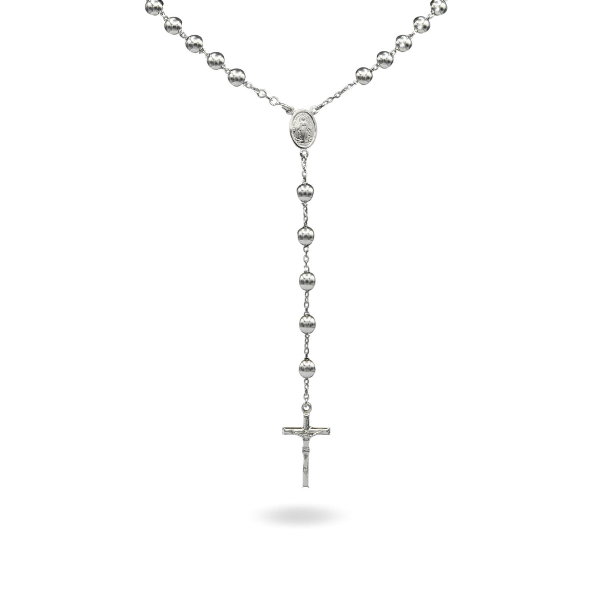 Collana Oro Bianco Oro 18 carati Rosario Modello Pendente Solo Oro 60 cm.Sfera mm. 7
