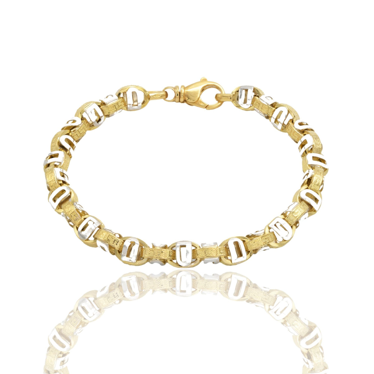 Bracciale Oro Giallo Oro Bianco Oro 18 carati Maglia Rolo'Con Greca E Placchette Solo Oro cm. 23,5
