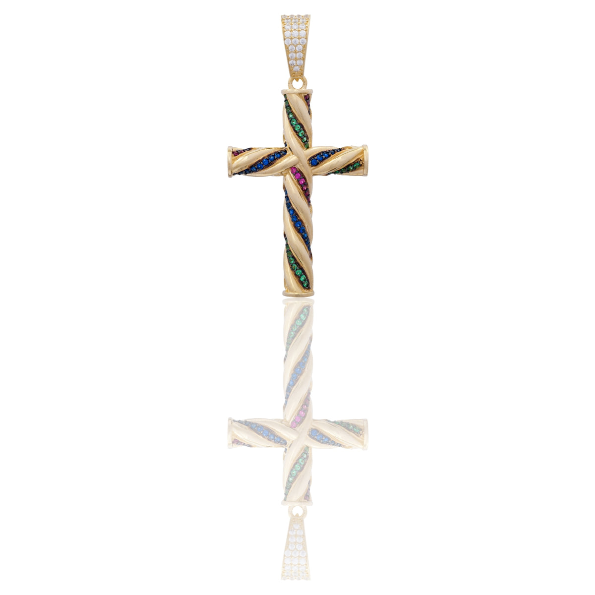 Ciondolo Oro Giallo Oro 18 carati Croce Intrecciata Oro E Pietre Zirconi Multicolor